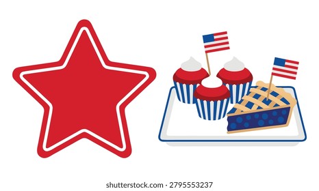 A red star graphic next to a plate with a slice of pie and cupcakes decorated with American flags.