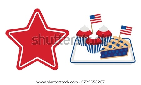 A red star graphic next to a plate with a slice of pie and cupcakes decorated with American flags.