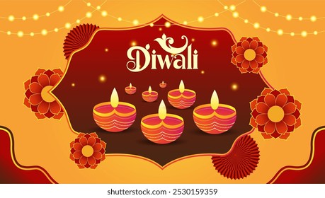A red star hanging from an orange frame with a mandala design Surrounded by hanging diyas and firecrackers Happy Diwali is written in a festive font conveying joy and celebration






