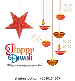 A red star hanging from the top, surrounded by hanging diyas  and fireworks Happy Diwali is written in a festive font along with the phrase Wishing you a very happy and prosperous Diwali