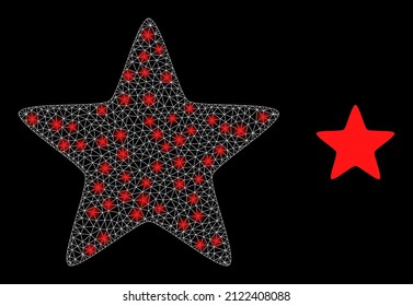Icono de estrella roja y estructura de estrella de malla roja brillante con manchas luminosas. La constelación iluminada se genera utilizando el icono del vector estrella roja y la malla triangulada.