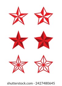 Red star icon. Symbol of the Red Army, military rank on shoulder straps or police. Heraldic sign, five-pointed three-dimensional star.