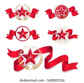 Red star with a laurel wreath. Set of isolated vector icons.