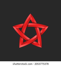 Red star logo 3D shape, pointed pentagram geometric shape from gradient faceted lines with shadows, youth creative print on a t-shirt.