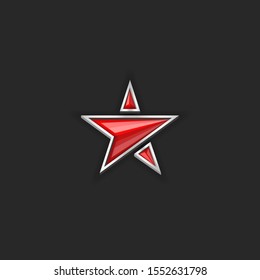 Red star logo, christmas festive decoration plastic or glass five-pointed shape 3d vector object on the black background