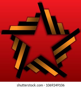 Red Star made of Saint George ribbon on red background. Illustration for May 9 Russian Day of Victory holiday of the great Patriotic war.