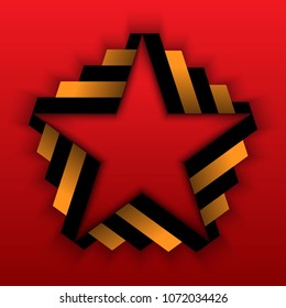 Red Star made of Saint George ribbon on red background. Illustration for May 9 Russian Day of Victory holiday of the great Patriotic war.