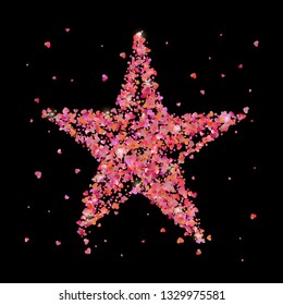 Red star of many small pink hearts. Red and pink confetti template for banner, card, vip, exclusive, certificate, gift, luxury, privilege, voucher, store, present