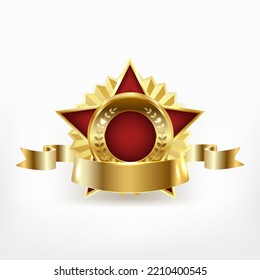 Red star medal with gold ribbon. Gold metallic winner award. Vector illustration.