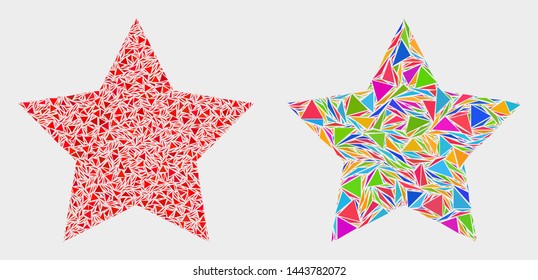 Red star mosaic icon of triangle items which have various sizes and shapes and colors. Geometric abstract vector illustration of red star.
