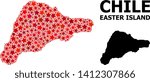 Red star mosaic and solid map of Easter Island. Vector geographic map of Easter Island in red color tones. Abstract mosaic is organized with random flat star parts.