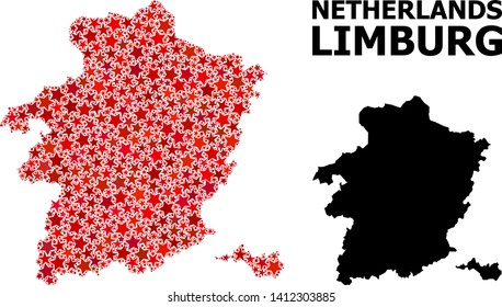 Red star mosaic and solid map of Limburg Province. Vector geographic map of Limburg Province in red color tinges. Abstract mosaic is organized from random flat star items.