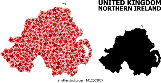 Red star mosaic and solid map of Northern Ireland. Vector geographic map of Northern Ireland in red color tints. Abstract mosaic is done with random flat star items.