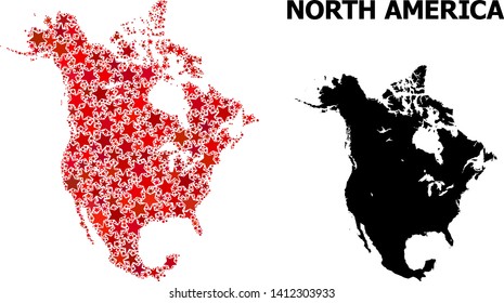 Red star mosaic and solid map of North America. Vector geographic map of North America in red color variations. Abstract mosaic is composed with scattered flat star parts.