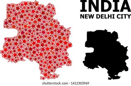 Red star mosaic and solid map of New Delhi City. Vector geographic map of New Delhi City in red color tones. Abstract mosaic is created from random flat star parts.