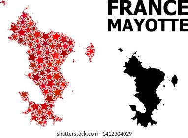Red star mosaic and solid map of Mayotte Islands. Vector geographic map of Mayotte Islands in red color hues. Abstract mosaic is done from scattered flat star elements.