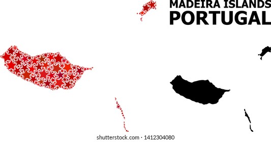 Red star mosaic and solid map of Madeira Islands. Vector geographic map of Madeira Islands in red color shades. Abstract mosaic is done with randomized flat star parts.