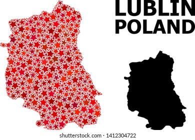 Red star mosaic and solid map of Lublin Province. Vector geographic map of Lublin Province in red color shades. Abstract mosaic is created from randomized flat star parts.