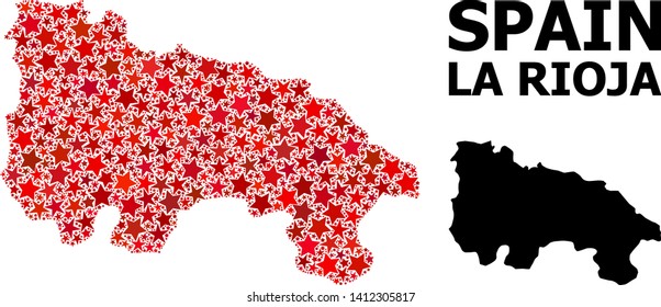 Red star mosaic and solid map of La Rioja Spanish Province. Vector geographic map of La Rioja Spanish Province in red color tinges. Abstract composition is combined from randomized flat star elements.