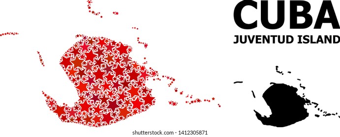 Red star mosaic and solid map of Juventud Island. Vector geographic map of Juventud Island in red color shades. Abstract mosaic is designed from scattered flat star parts.