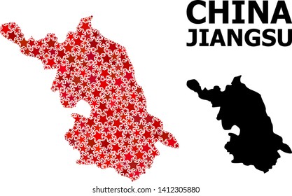 Red star mosaic and solid Map of Jiangsu Province. Vector geographic Map of Jiangsu Province in red color variations. Abstract mosaic is created with scattered flat star parts.