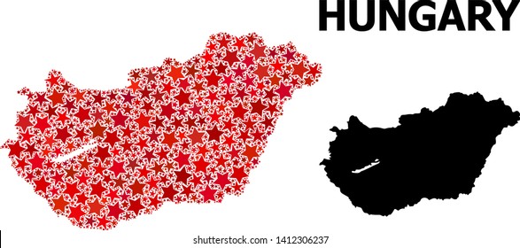 Red star mosaic and solid map of Hungary. Vector geographic map of Hungary in red color variations. Abstract mosaic is composed with random flat star items.