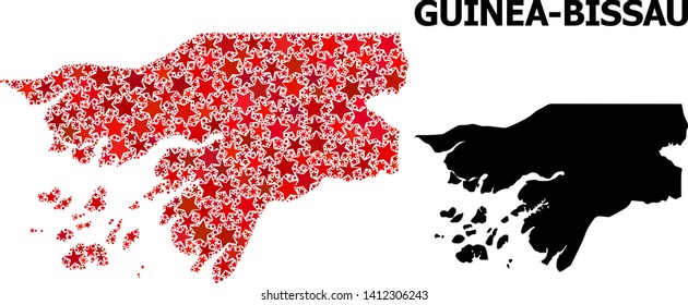 Red star mosaic and solid map of Guinea-Bissau. Vector geographic map of Guinea-Bissau in red color shades. Abstract mosaic is organized with scattered flat star elements.