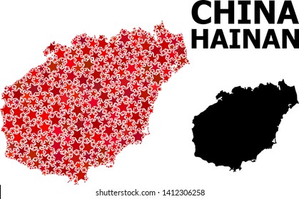Red star mosaic and solid map of Hainan Island. Vector geographic map of Hainan Island in red color variations. Abstract mosaic is designed from random flat star items.
