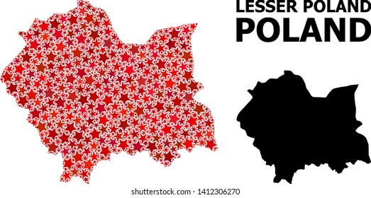 Red star mosaic and solid map of Lesser Poland Province. Vector geographic map of Lesser Poland Province in red color variations. Abstract mosaic is combined with randomized flat star elements.