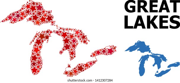 Red star mosaic and solid map of Great Lakes. Vector geographic map of Great Lakes in red color variations. Abstract mosaic is done from random flat star parts.