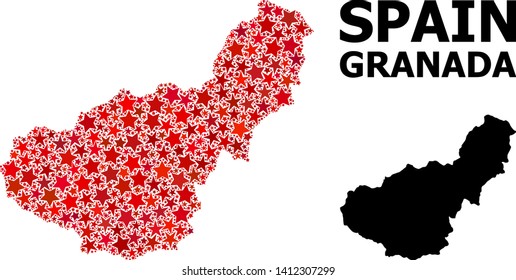 Red star mosaic and solid map of Granada Province. Vector geographic map of Granada Province in red color shades. Abstract mosaic is done with random flat star items.