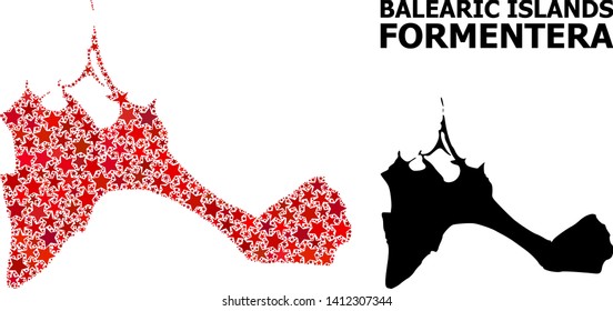 Red star mosaic and solid map of Formentera Island. Vector geographic map of Formentera Island in red color variations. Abstract mosaic is organized with scattered flat star elements.