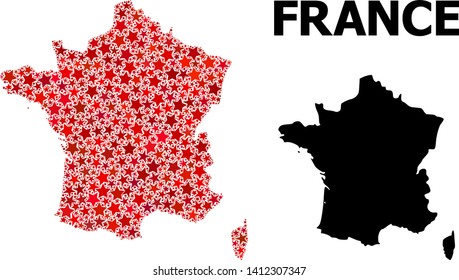 Red star mosaic and solid map of France. Vector geographic map of France in red color shades. Abstract collage is designed from randomized flat star parts.