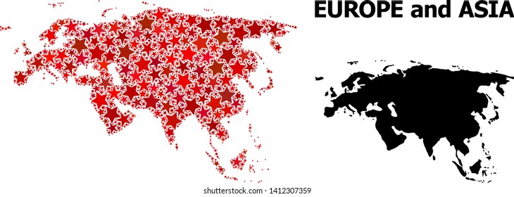 Red star mosaic and solid map of Europe and Asia. Vector geographic map of Europe and Asia in red color shades. Abstract collage is composed with randomized flat star elements.