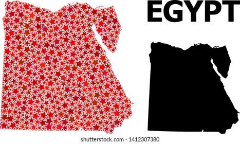 Red star mosaic and solid map of Egypt. Vector geographic map of Egypt in red color shades. Abstract mosaic is constructed with random flat star elements.