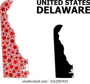 Red star mosaic and solid map of Delaware State. Vector geographic map of Delaware State in red color variations. Abstract mosaic is done from scattered flat star parts.