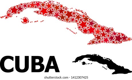 Red star mosaic and solid map of Cuba. Vector geographic map of Cuba in red color variations. Abstract mosaic is organized from randomized flat star parts.
