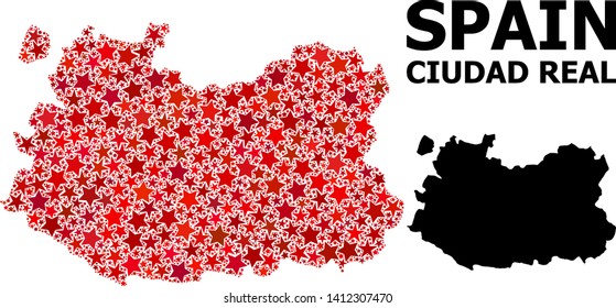 Red star mosaic and solid map of Ciudad Real Province. Vector geographic map of Ciudad Real Province in red color tones. Abstract mosaic is created from scattered flat star parts.