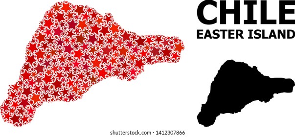 Red star mosaic and solid map of Easter Island. Vector geographic map of Easter Island in red color tones. Abstract mosaic is organized with random flat star parts.