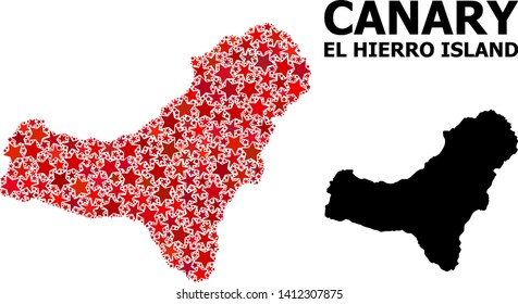 Red star mosaic and solid map of El Hierro Island. Vector geographic map of El Hierro Island in red color variations. Abstract mosaic is constructed with random flat star parts.