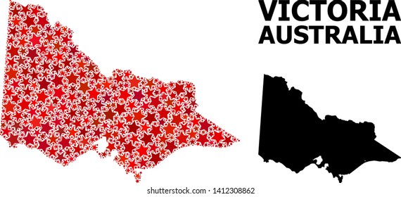 Red star mosaic and solid map of Australian Victoria. Vector geographic map of Australian Victoria in red color variations. Abstract mosaic is composed from scattered flat star parts.