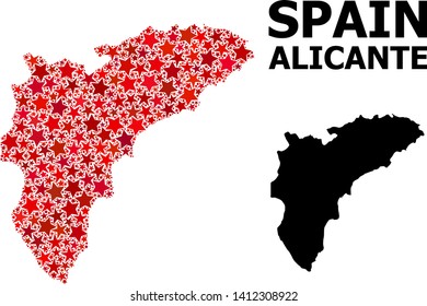 Red star mosaic and solid map of Alicante Province. Vector geographic map of Alicante Province in red color shades. Abstract mosaic is constructed with randomized flat star parts.