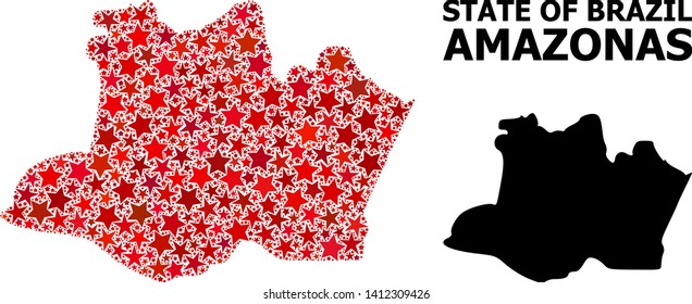 Red star mosaic and solid map of Amazonas State. Vector geographic map of Amazonas State in red color variations. Abstract mosaic is designed with scattered flat star elements.