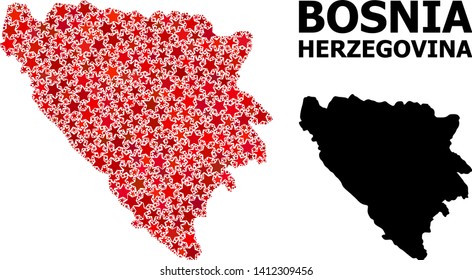 Red star mosaic and solid map of Bosnia and Herzegovina. Vector geographic map of Bosnia and Herzegovina in red color tints. Abstract mosaic is designed from random flat star elements.