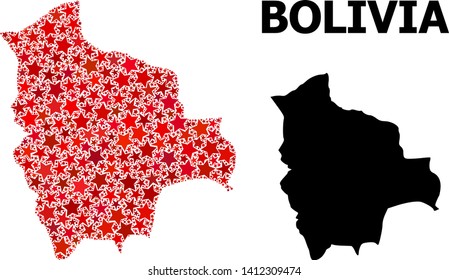 Red star mosaic and solid map of Bolivia. Vector geographic map of Bolivia in red color shades. Abstract mosaic is organized from randomized flat star items.