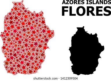 Red star mosaic and solid map of Azores - Flores Island. Vector geographic map of Azores - Flores Island in red color tints. Abstract concept is constructed from random flat star items.