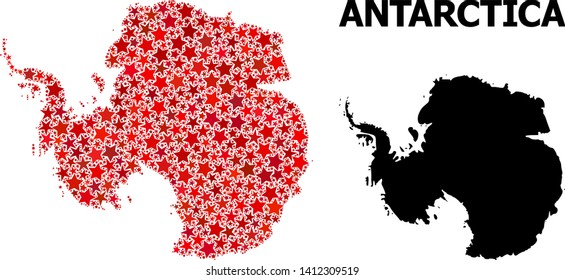 Red star mosaic and solid map of Antarctica. Vector geographic map of Antarctica in red color tints. Abstract mosaic is combined from random flat star elements.