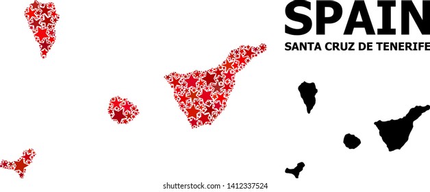 Red star mosaic and solid map of Santa Cruz de Tenerife Province. Vector geographic map of Santa Cruz de Tenerife Province in red color hues. Abstract mosaic is done from scattered flat star items.