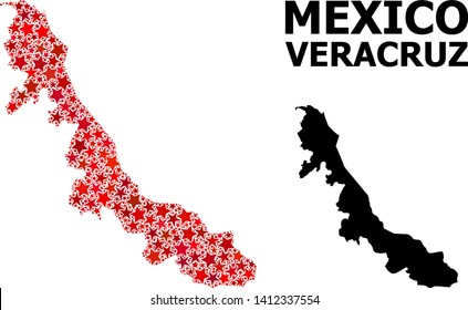 Red star mosaic and solid map of Veracruz State. Vector geographic map of Veracruz State in red color tinges. Abstract mosaic is combined with randomized flat star parts.