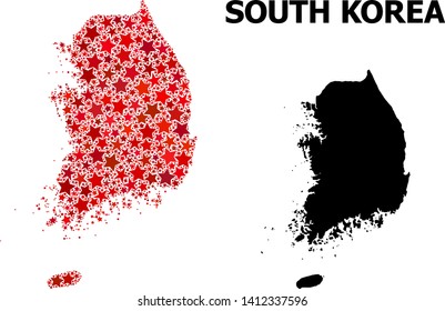 Red star mosaic and solid map of South Korea. Vector geographic map of South Korea in red color variations. Abstract mosaic is done from scattered flat star parts.